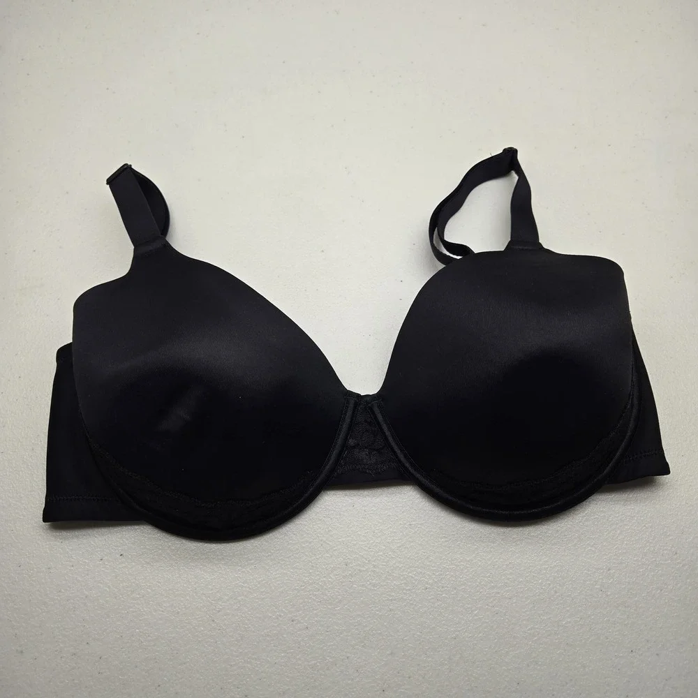 Vanity Fair Women Bra 38DD Black T Shirt Underwired Lace Strap Lightly Lined